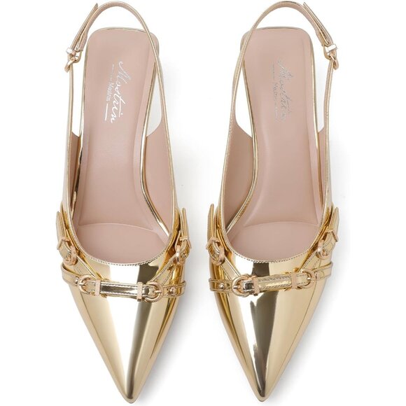 Women's Gold Pointed Toe Pumps Patent Leather Slingback Heels With Buckle - Picture 5 of 9